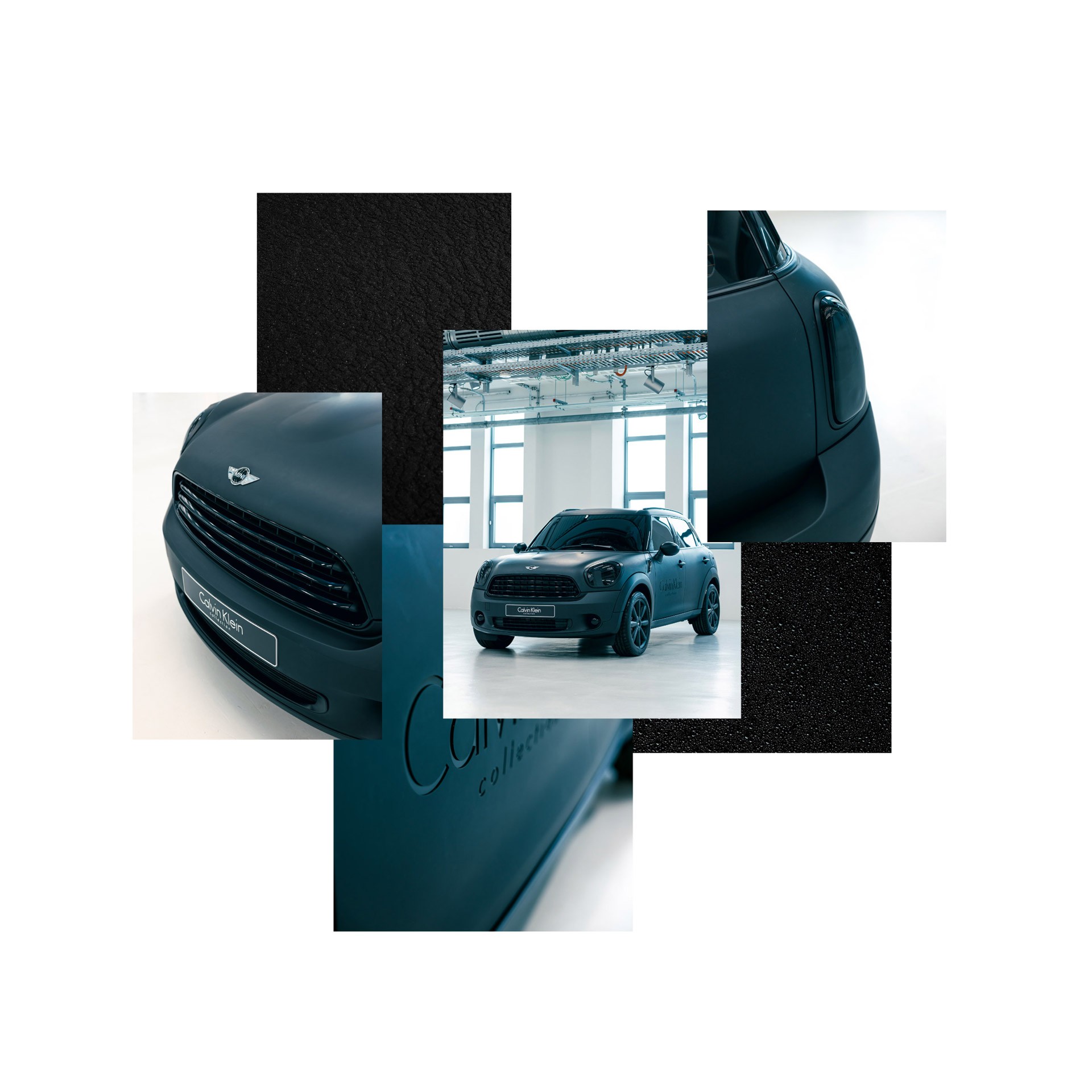 A collage of images featuring different parts of the MINI Cooper Countryman by Calvin Klein, including a close-up of the front grille, a close-up of the exterior with signage, a high-angle shot, and a close-up of the boot.